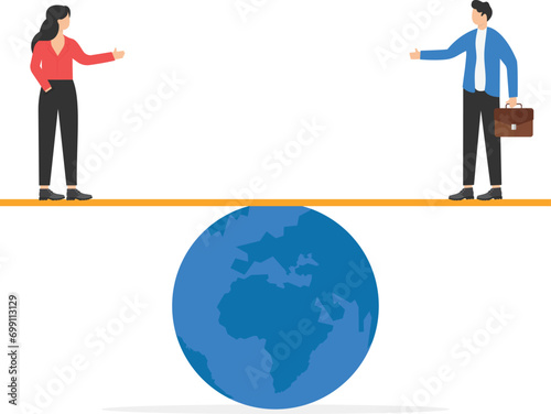 Business person balanced on seesaw over globe. Concept business vector illustration.
