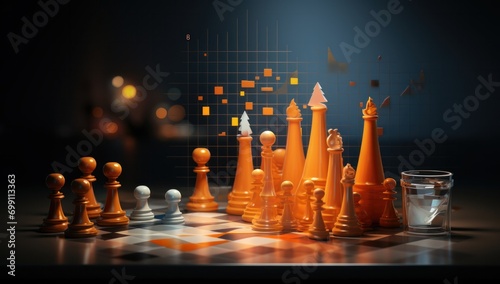 chess, king, strategy, battle, competition, game, piece, pawn, success, board. orange chess piece standing against full set of chess pieces around white team. strategy, planning, and decision concept.