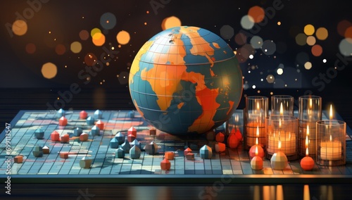 earth, globe, planet, candle, country, model, candlelight, desk, environment, global. vintage globe model put on stand middle it around candle, global Interconnectedness image generated via AI.