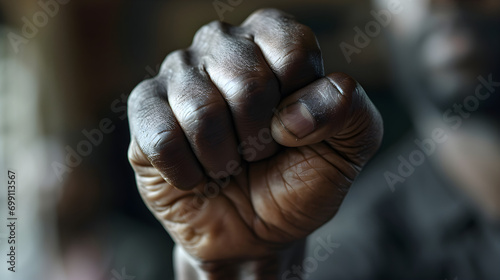 black person holding their fist up, black history month © ELmahdi-AI