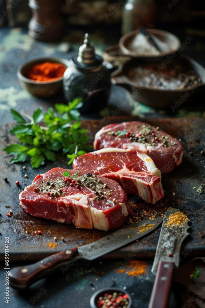 Raw meat steak on dark rustic background