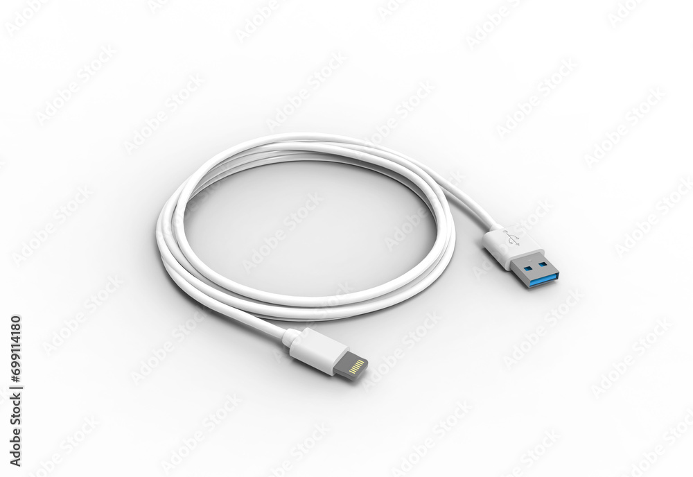 white phone cable angle view with shadow 3d render white phone cable angle view with shadow 3d render