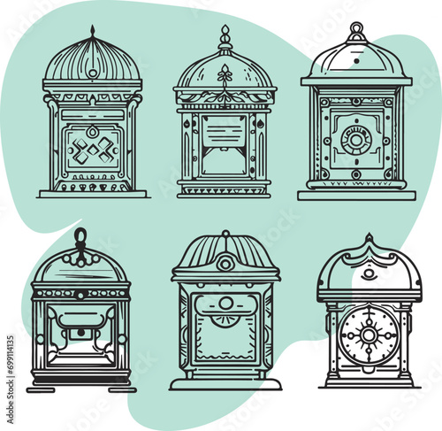 set of vintage clocks line art vector 