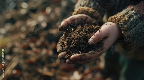 Child holding fresh soil outdoors, concept of sustainability and learning how to garden