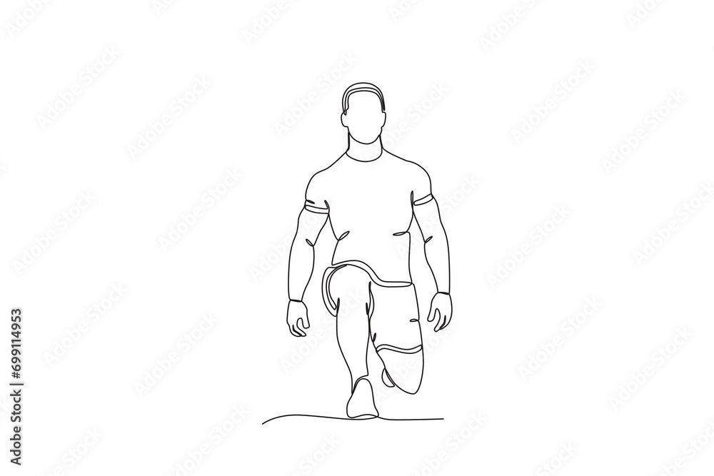 Single continuous line drawing of A man stretching before exercise. Fitness stretching concept. Trendy one line draw graphic design vector illustration
