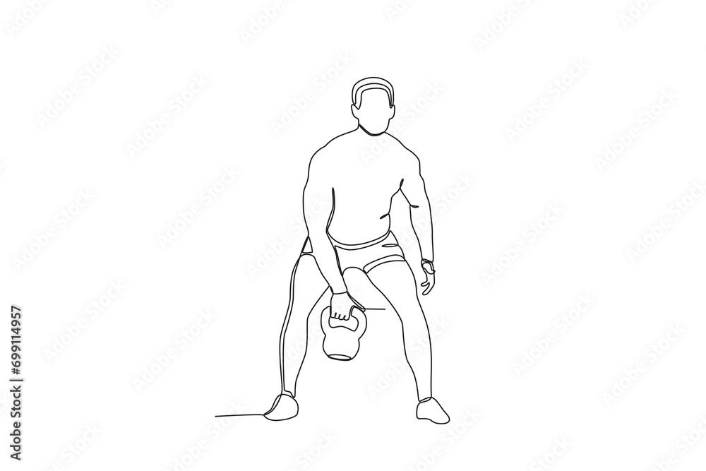 Single continuous line drawing of A man is lifting kettlebells. Fitness stretching concept. Trendy one line draw graphic design vector illustration
