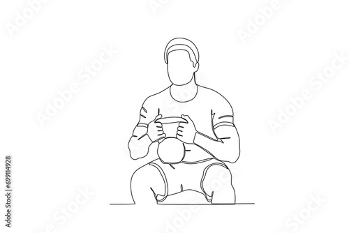 Single continuous line drawing of A man is lifting kettlebells. Fitness stretching concept. Trendy one line draw graphic design vector illustration 