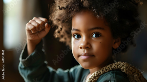 A young child raising their fist confidently and with strength, photo