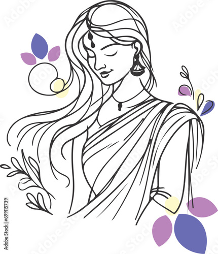 Indian woman in saree with beautiful hair line art vector