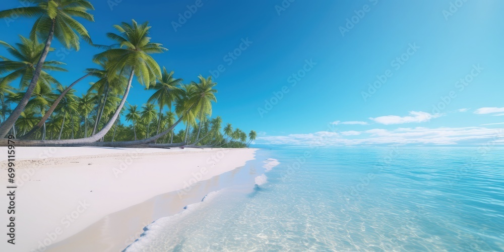 A beach scene with palm trees, white sand, and crystal-clear blue water, Side view, high speed continuous shooting, new objectivity, 8K, hyper quality 