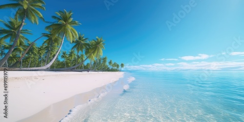 A beach scene with palm trees, white sand, and crystal-clear blue water, Side view, high speed continuous shooting, new objectivity, 8K, hyper quality 