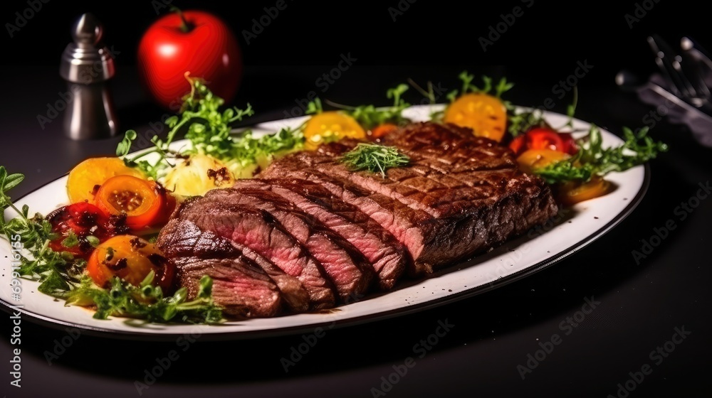 A dish of delicious food with good color, flavor and taste is placed on the table, and the tender and juicy steak is accompanied by delicate vegetable salad, which is mouth-watering, wide light,