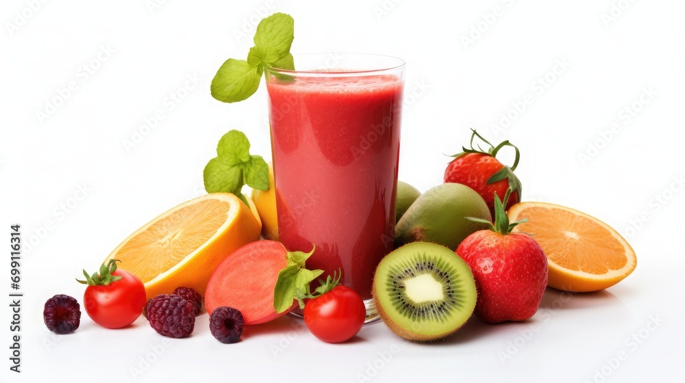 A Freshly pressed Fruit tomatoe and vegetable juice smoothie with fruits veggie toppings on white background cutout. A Freshly pressed Fruit tomatoe and vegetable juice smoothie with fruits veggie toppings on white background cutout.