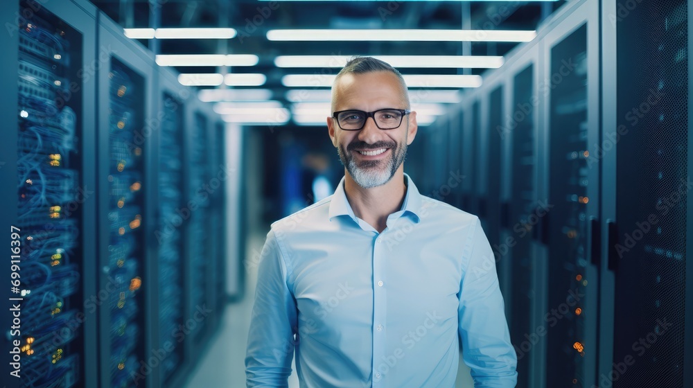 A gently smiling middle-aged network engineer standing in the futuristic white bright server room facing the camera wide angle shot