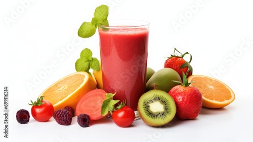 A Freshly pressed Fruit tomatoe and vegetable juice smoothie with fruits veggie toppings on white background cutout.