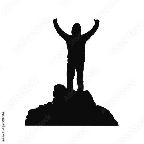 vector silhouette of a man raising his hands on a mountain peak isolated on transparent background