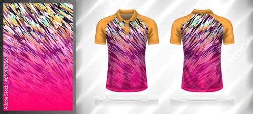 Vector sport pattern design template for Polo T-shirt front and back with short sleeved view mockup. Shades of yellow-pink-white-black color gradient abstract grunge texture background illustration.