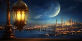 A lantern in the night with the moon and city in background, oriental, photorealistic, ottoman art, exotic