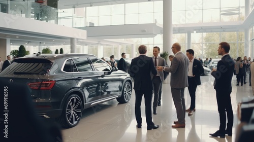 A large group of average men and women shopping for a car at car dealership. 8K, high resolution. Hyper quality
