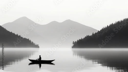 A person on a row boat on a serene lake , black and white minimalism