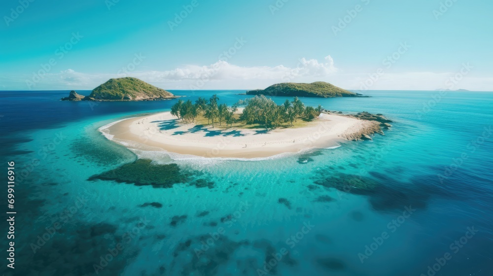 A small island in the middle of the ocean, surrounded by turquoise blue water and white sand beaches, backlight, photo grade, UHD, hyper quality 