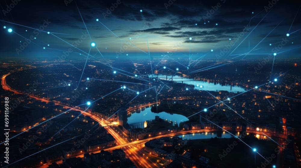 connection, digital, network, technology, communication, energy, line, wireless, connect, innovation. global media link connecting on night city background, internet, 5G communication. generate via AI connection, digital, network, technology, communication, energy, line, wireless, connect, innovation. global media link connecting on night city background, internet, 5G communication. generate via AI