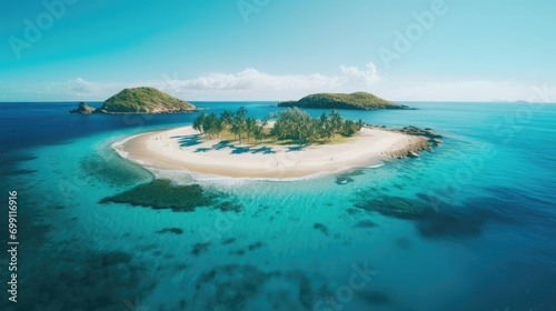 A small island in the middle of the ocean  surrounded by turquoise blue water and white sand beaches  backlight  photo grade  UHD  hyper quality 