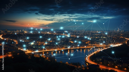 connection  digital  network  technology  communication  energy  line  wireless  connect  innovation. global media link connecting on night city background  internet  5G communication. generate via AI