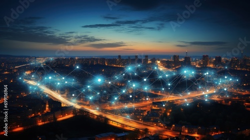 connection, digital, network, technology, communication, energy, line, wireless, connect, innovation. global media link connecting on night city background, internet, 5G communication. generate via AI