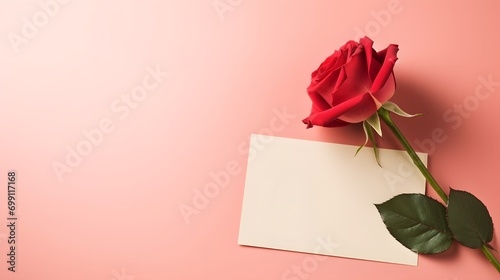 Elegant red rose leaning on a blank beige card on a pink background, perfect for romantic messages. Ideal for Valentine's Day, anniversaries, and special occasions.