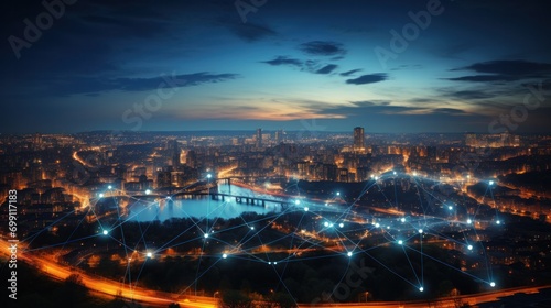 connection, digital, network, technology, communication, energy, line, wireless, connect, innovation. global media link connecting on night city background, internet, 5G communication. generate via AI © Day Of Victory Stu.