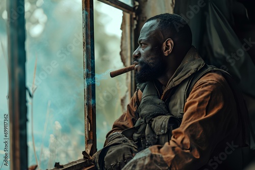 Muscular black man sitting at a window looking at viewer, smoking big cigar, wearing mercenary outfit, rugged outfit. generative AI photo