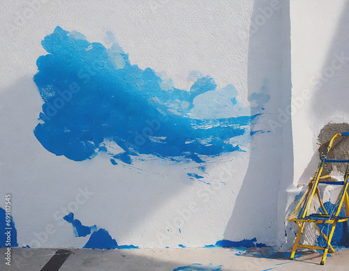 Blue and white wall with blue paint
