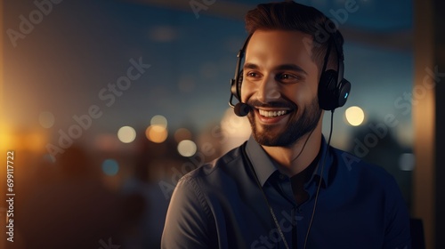 The customer service representative answered the phone with a smile and focused on solving the user's problem, backlight photography, Graphics, UHD, HDR  photo