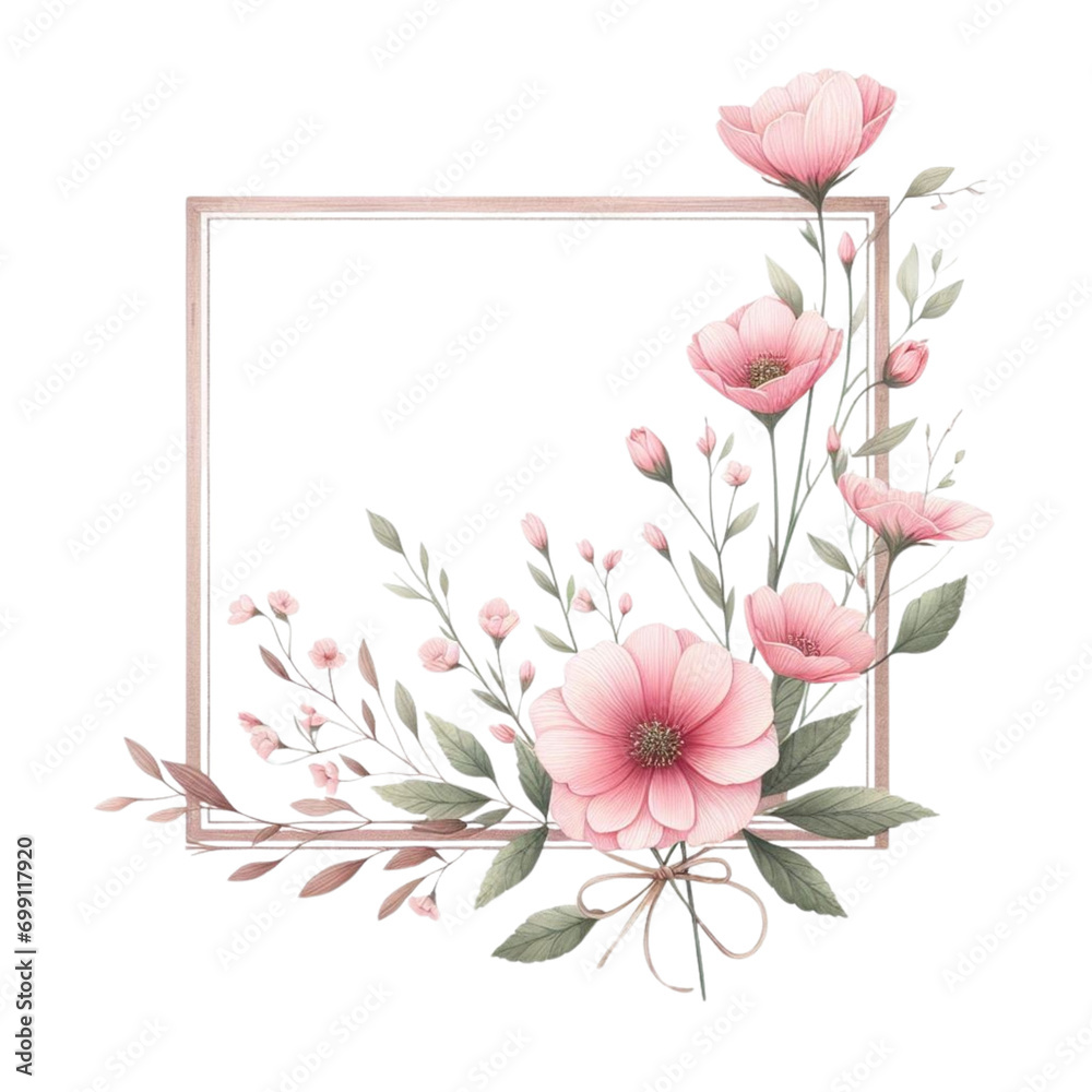 Hand drawing isolated watercolor floral illustration with protea rose, leaves, branches and flowers. Bohemian gold crystal frames. Elements for greeting wedding card.
