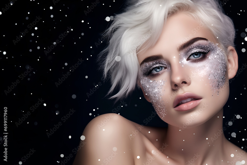 Fashion editorial Concept. Stunning beautiful woman high fashion striking silver black glitter shimmer sparkle. illuminated with dynamic composition and dramatic lighting. copy text space