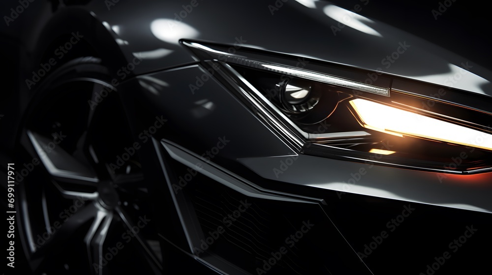 Matte black car headlights with light and speed. - obrazy, fototapety, plakaty 