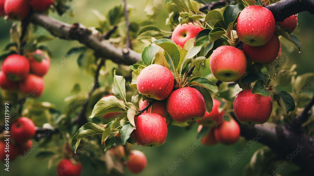 Obraz premium Apples grow on a tree. selective focus. Generative AI,
