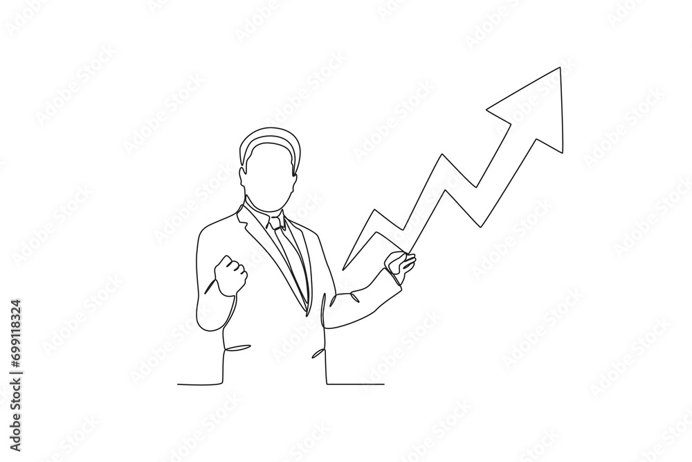 Single one line drawing of A man who experienced a rising stock ...