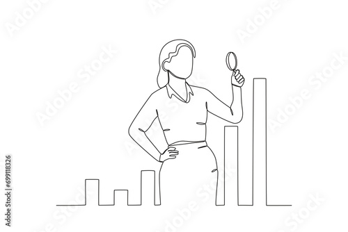 Single one line drawing of A woman analyzing stock charts. Business investment stock growth minimal concept. Modern continuous line draw design graphic vector illustration
