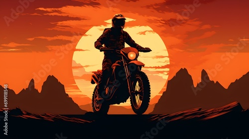 silhouette of a male motorcyclist at sunset and an off-road enduro cross-country motorcycle. photo