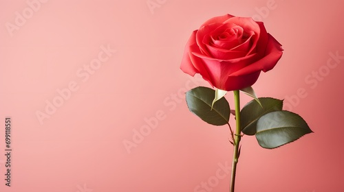 Single red rose standing elegantly against a pale pink background  a timeless symbol of love and beauty.