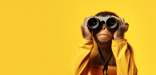 A cheerful monkey looks through binoculars on a yellow background