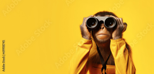 A cheerful monkey looks through binoculars on a yellow background photo