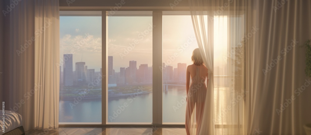 Seen from behind, the woman opens the curtains and enjoys the beautiful view from the hotel window, as the sun shines Seen from behind, the woman opens the curtains and enjoys the beautiful view from the hotel window, as the sun shines