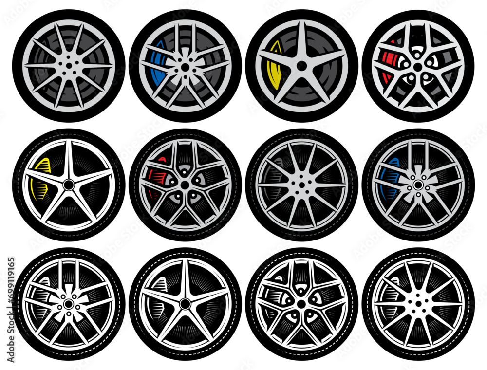 Vector set of wheels with rims for cars. Templates in different styles