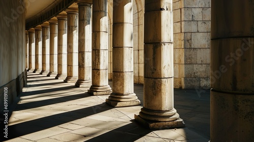 Stone pillars colonnade background with sunlight and long shadows from columns.
