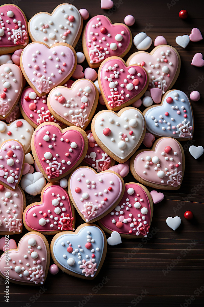 pink and white heart shaped cookies for valentines day on wooden ground with space for text, valentines day background