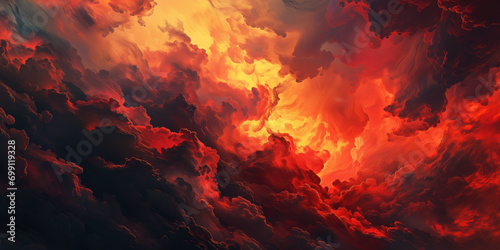 Red Inferno Sky. A dramatic scene of fiery clouds in shades of red and orange