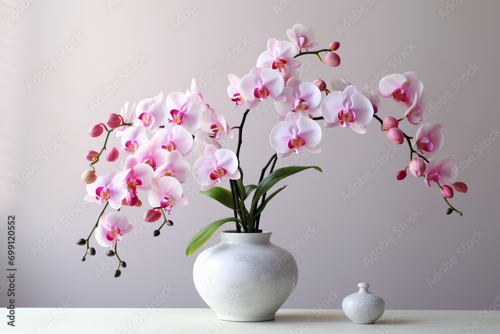 very beautiful orchid flowers in a vase on the table, white background very beautiful orchid flowers in a vase on the table, white background